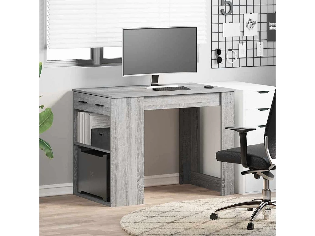 Scrivania con cassetto e ripiano in legno ingegnerizzato grigio sonoma