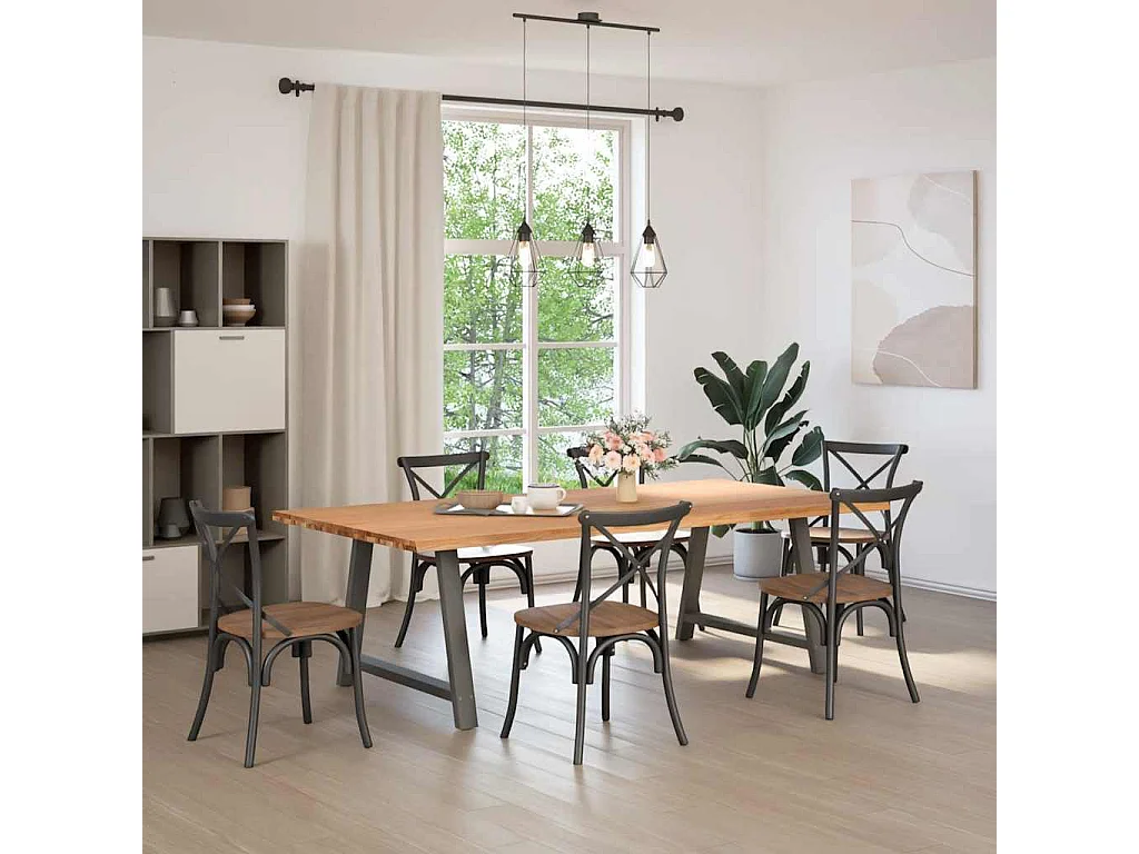 Mesa de jantar e madeira maciça de carvalho com borda natural retangular