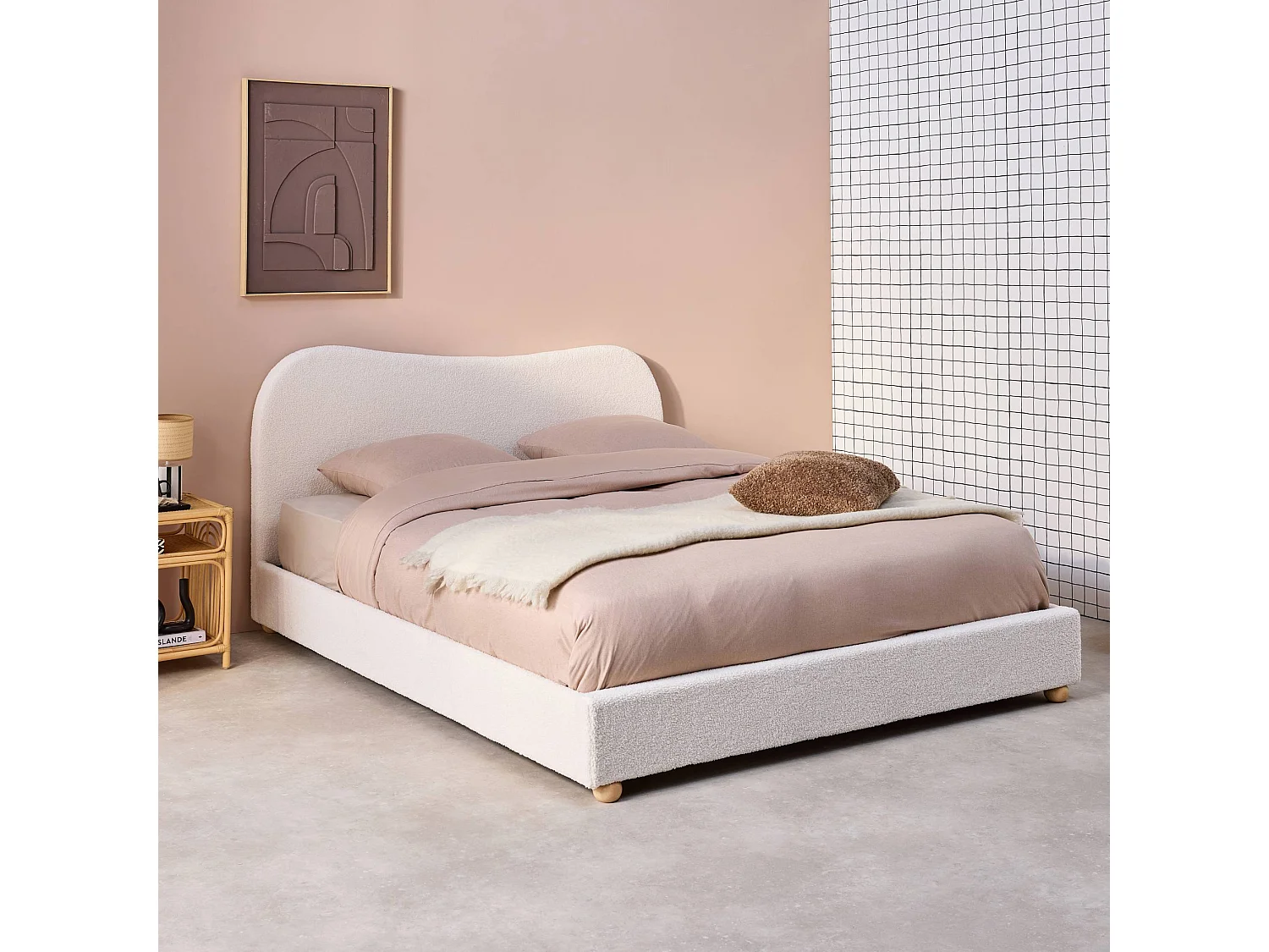 Cama con somier y cabecero, acabado borreguito blanco