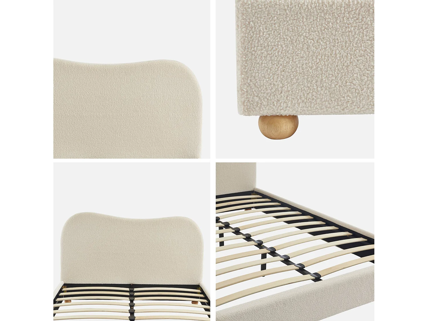 Cama con somier y cabecero, acabado borreguito blanco