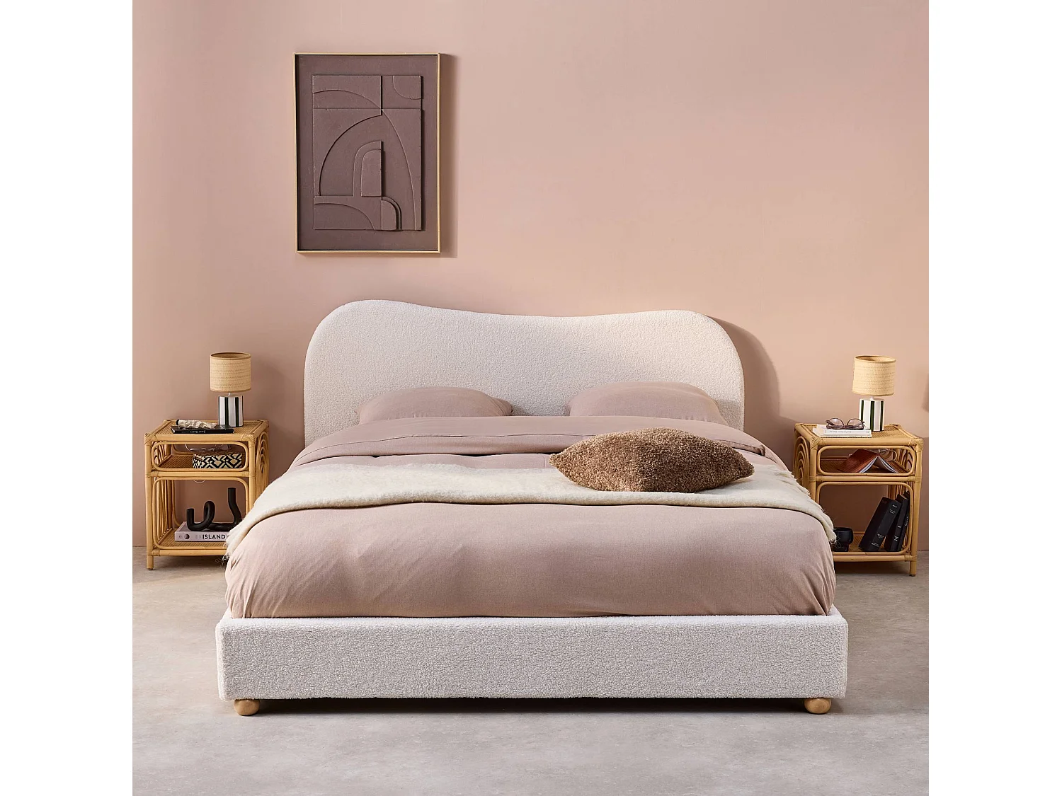 Cama con somier y cabecero, acabado borreguito blanco