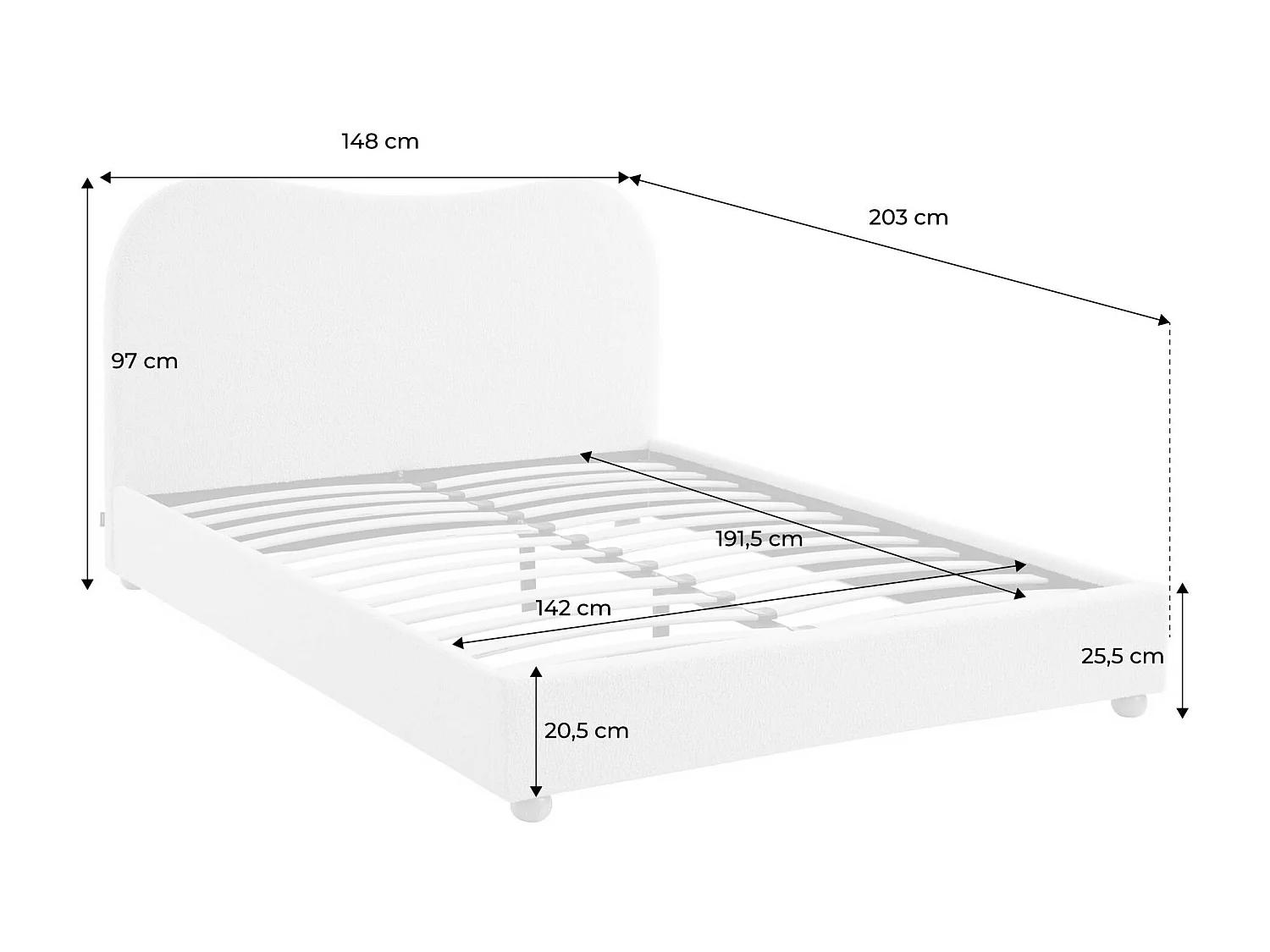 Lit avec sommier à lattes et tête de lit. blanc finition bouclette. L203 x P148 x H97cm
