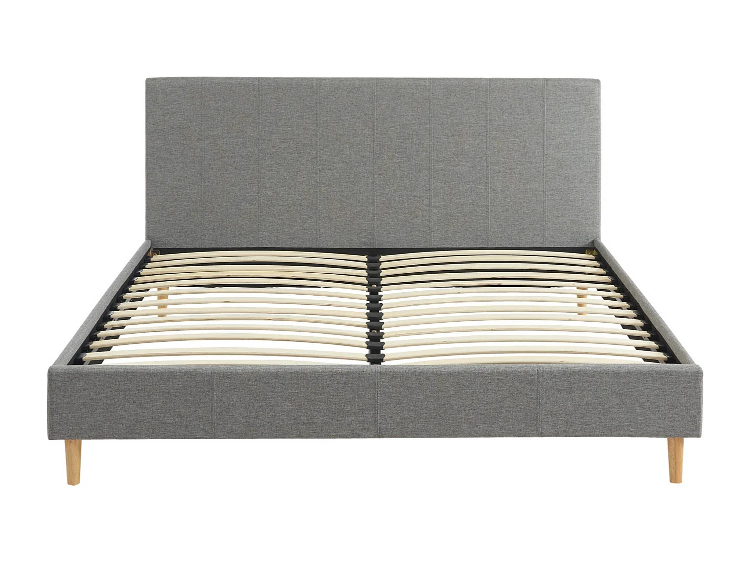 Lit avec sommier à lattes et tête de lit. finition tissu. gris clair. L 211 x P 167.5 x H 89cm