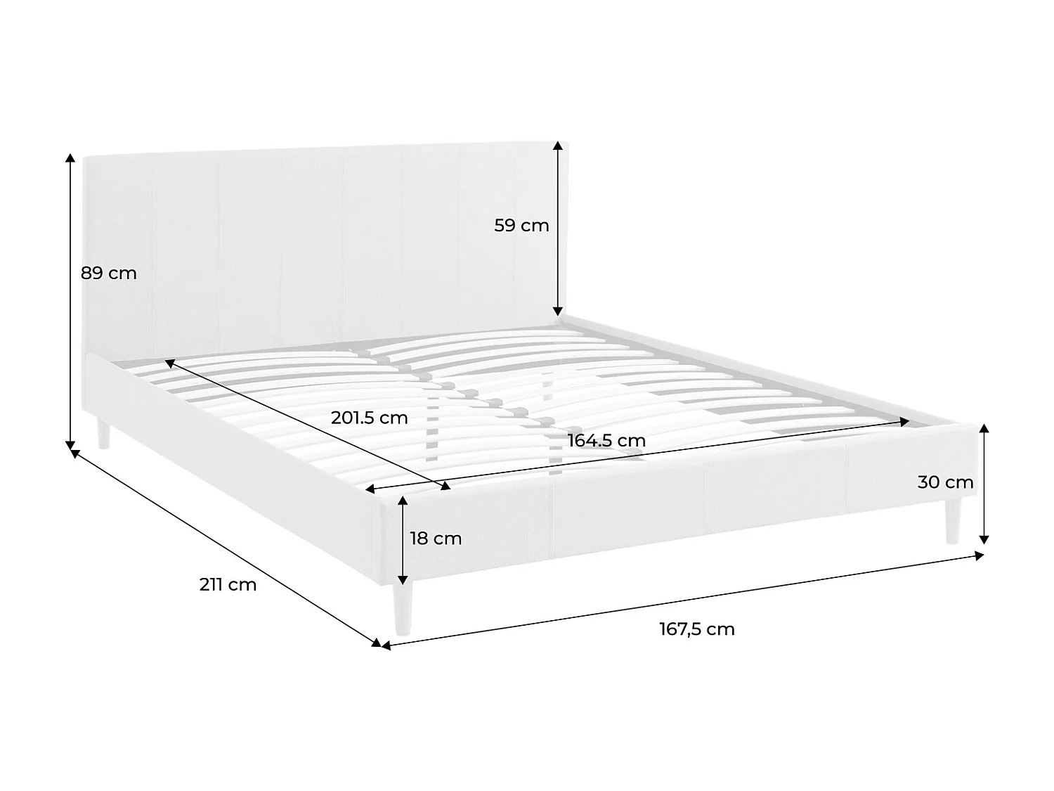 Lit avec sommier à lattes et tête de lit. finition tissu. gris clair. L 211 x P 167.5 x H 89cm