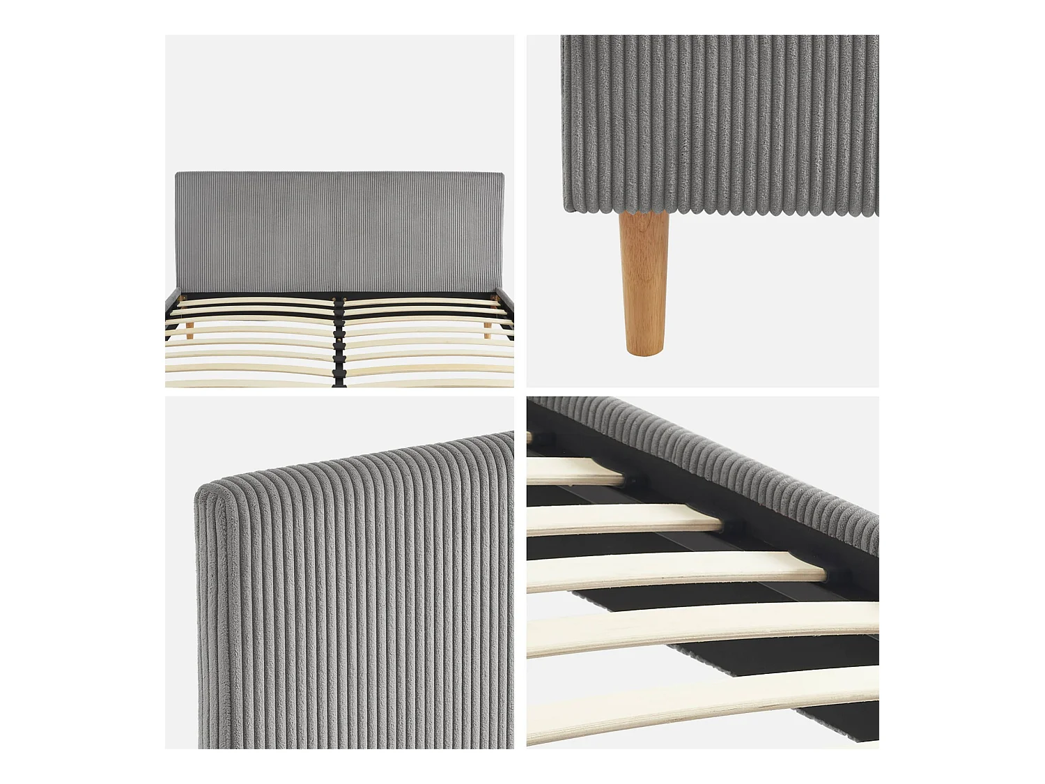 Lit avec sommier à lattes et tête de lit. L 211 x P 167.5 x H 89cm. gris. finition velours côtelé (grosse côte)