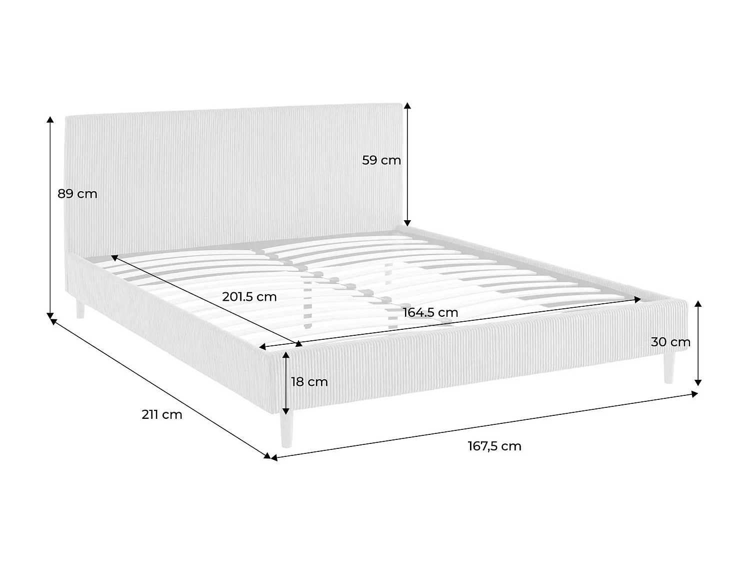 Struttura letto con rete a doghe e testiera 160cm, velluto a coste