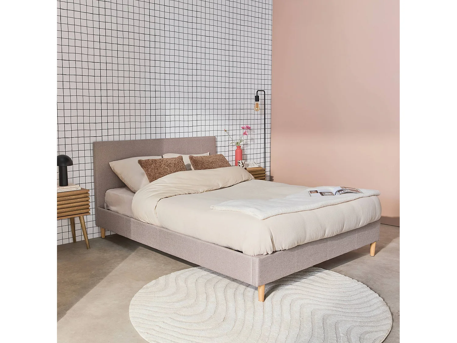 Cama con somier y cabecero 140cm, acabado en tela beige