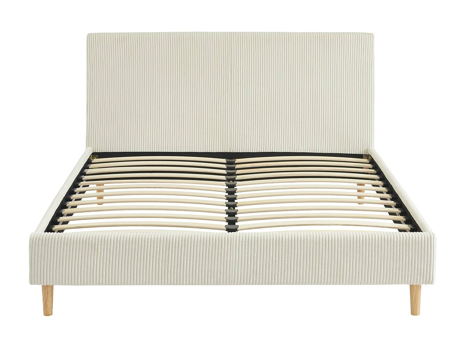 Lit avec sommier à lattes et tête de lit. L 202 x P 148 x H 89cm. blanc. finition velours côtelé (grosse côte)