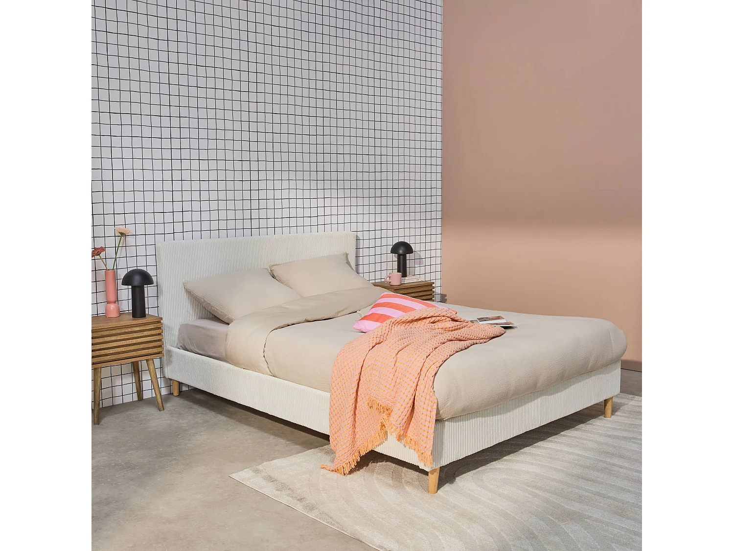 Struttura letto con rete a doghe e testiera 140cm, velluto a coste