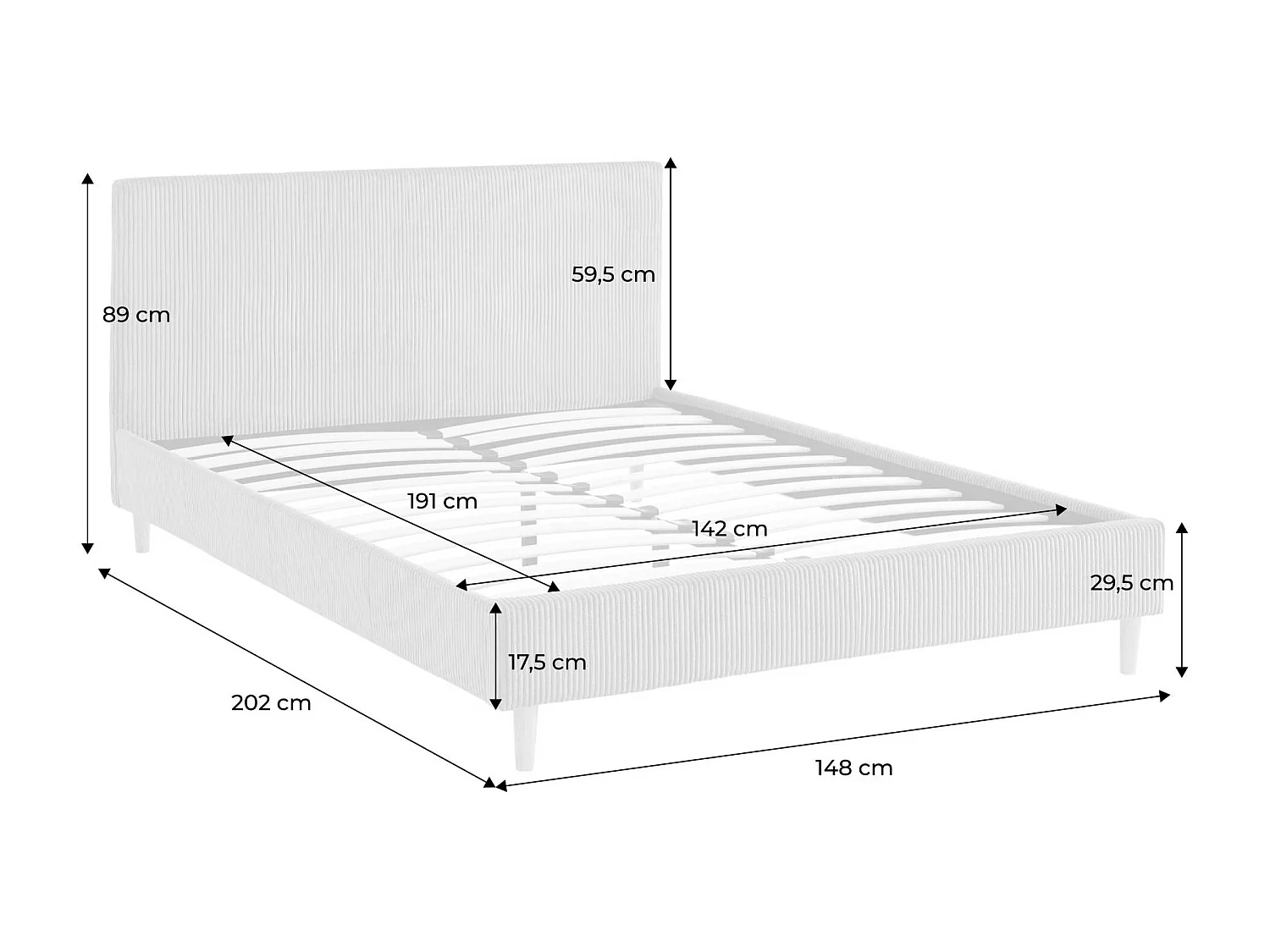 Struttura letto con rete a doghe e testiera 140cm, velluto a coste