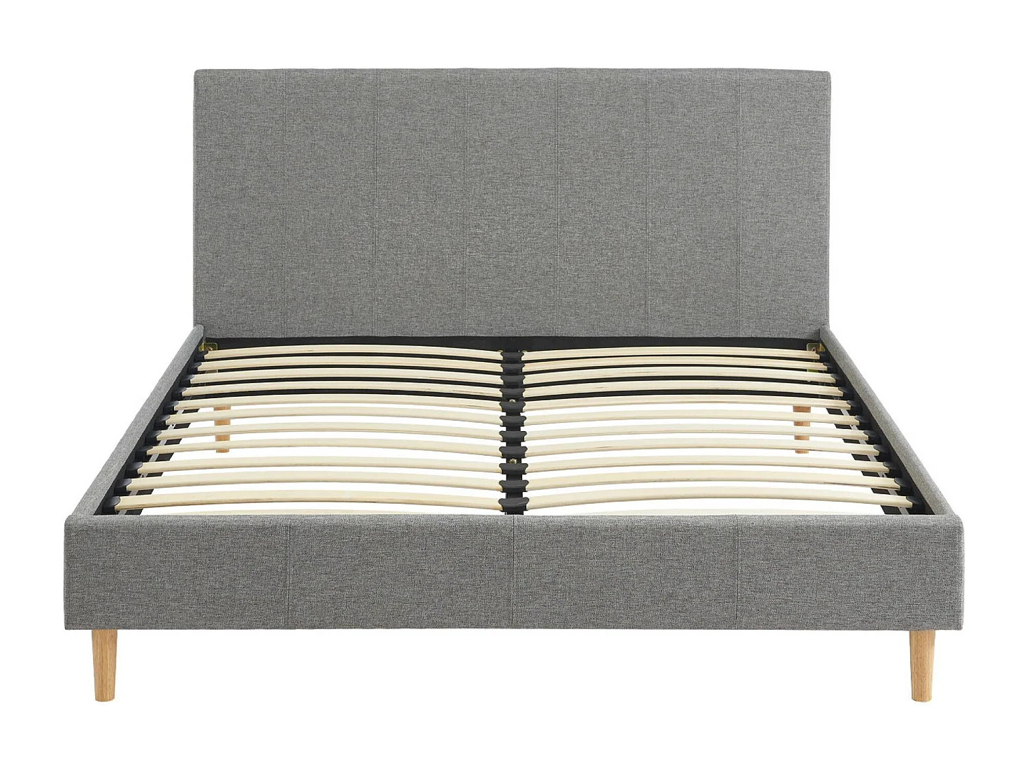 Lit avec sommier à lattes et tête de lit. finition tissu. gris clair. L 202 x P 148 x H 89cm