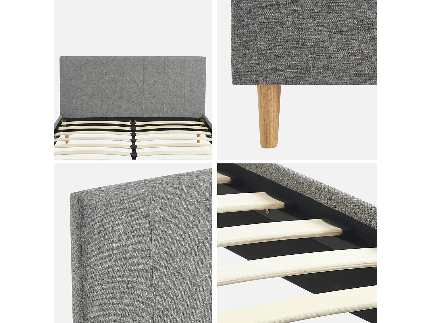 Lit avec sommier à lattes et tête de lit. finition tissu. gris clair. L 202 x P 148 x H 89cm