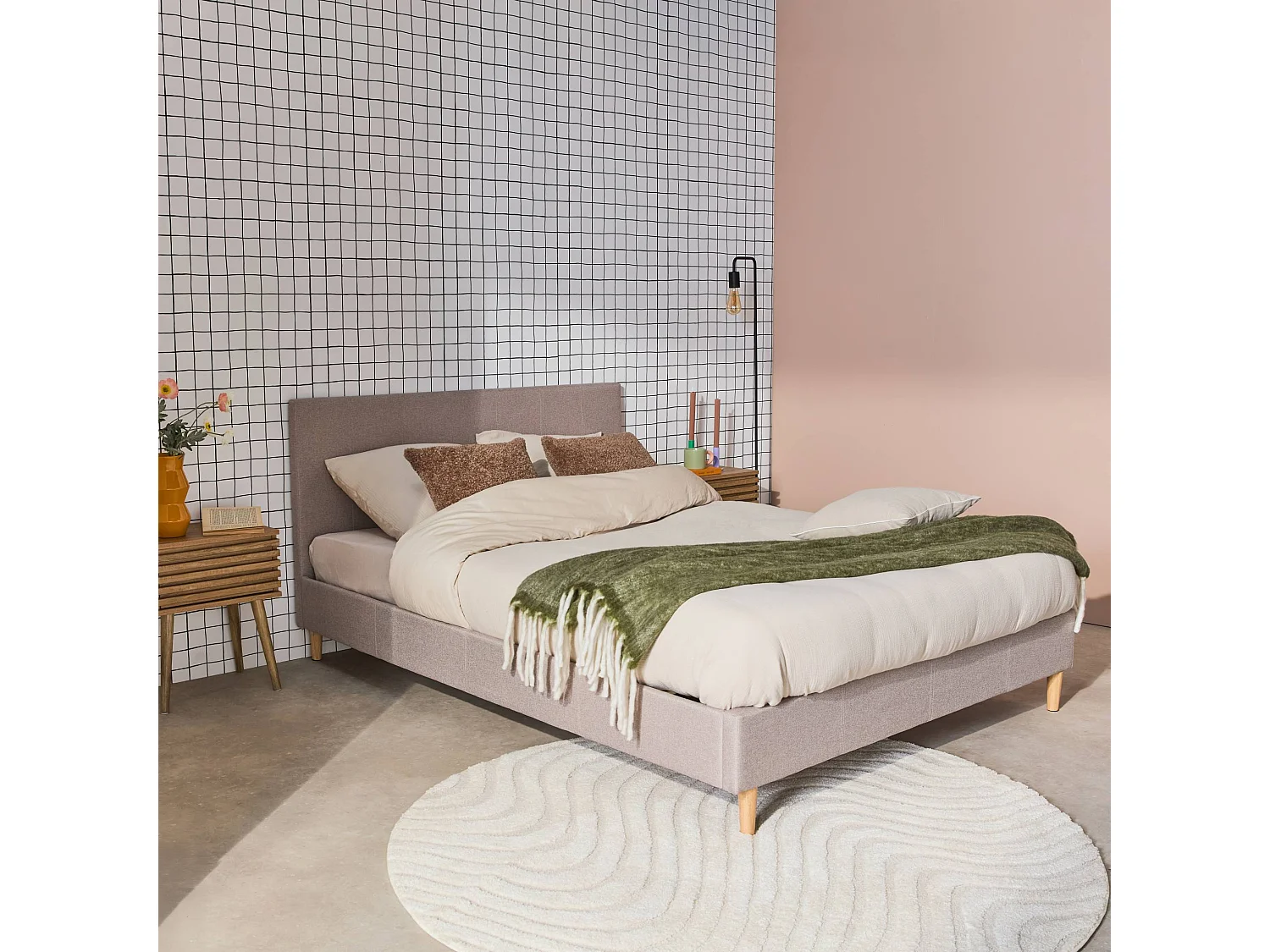 Struttura letto con rete a doghe e testiera 140cm, tessuto semplice,