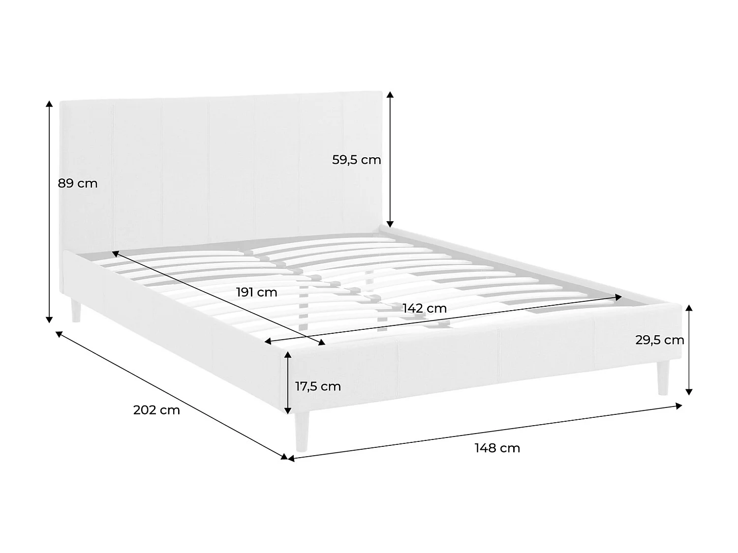 Struttura letto con rete a doghe e testiera 140cm, tessuto semplice,
