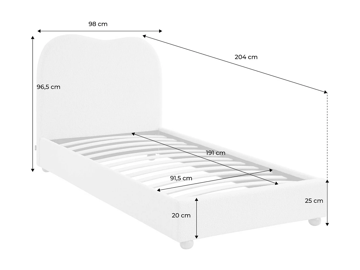 Cama con somier y cabecero, acabado borreguito blanco