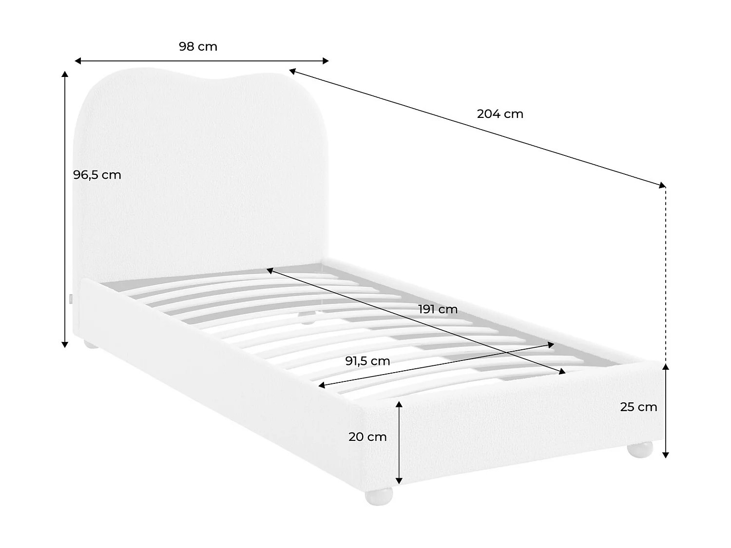 Cama con somier y cabecero, acabado borreguito blanco