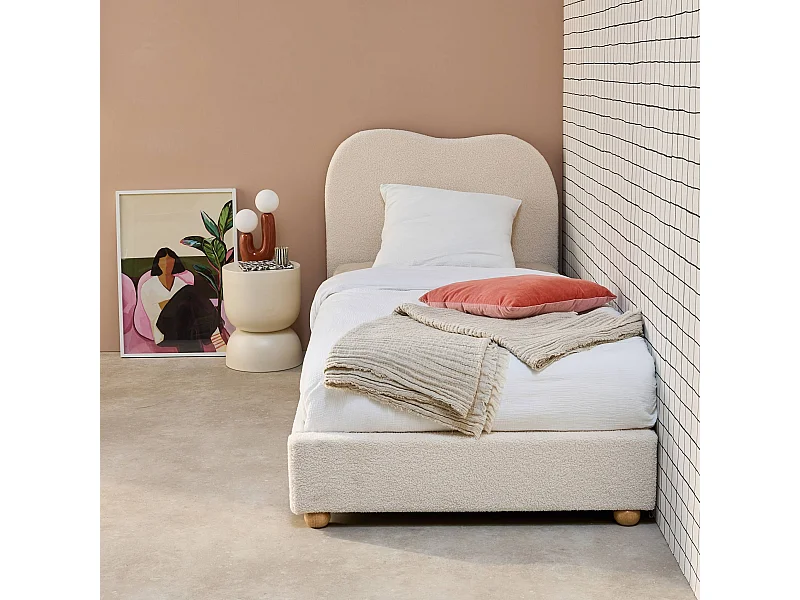 Lit avec sommier à lattes et tête de lit. blanc finition bouclette. L204 x P98 x H96.5cm