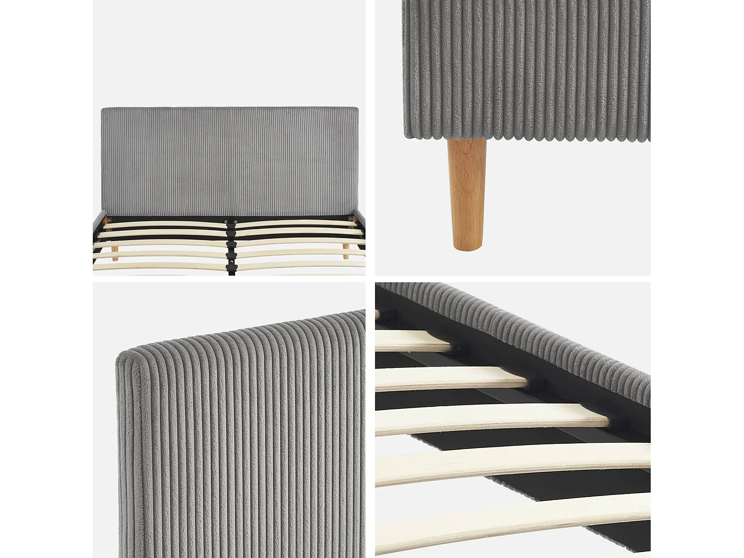 Lit avec sommier à lattes et tête de lit. L 202 x P 148 x H 89cm. gris. finition velours côtelé (grosse côte)