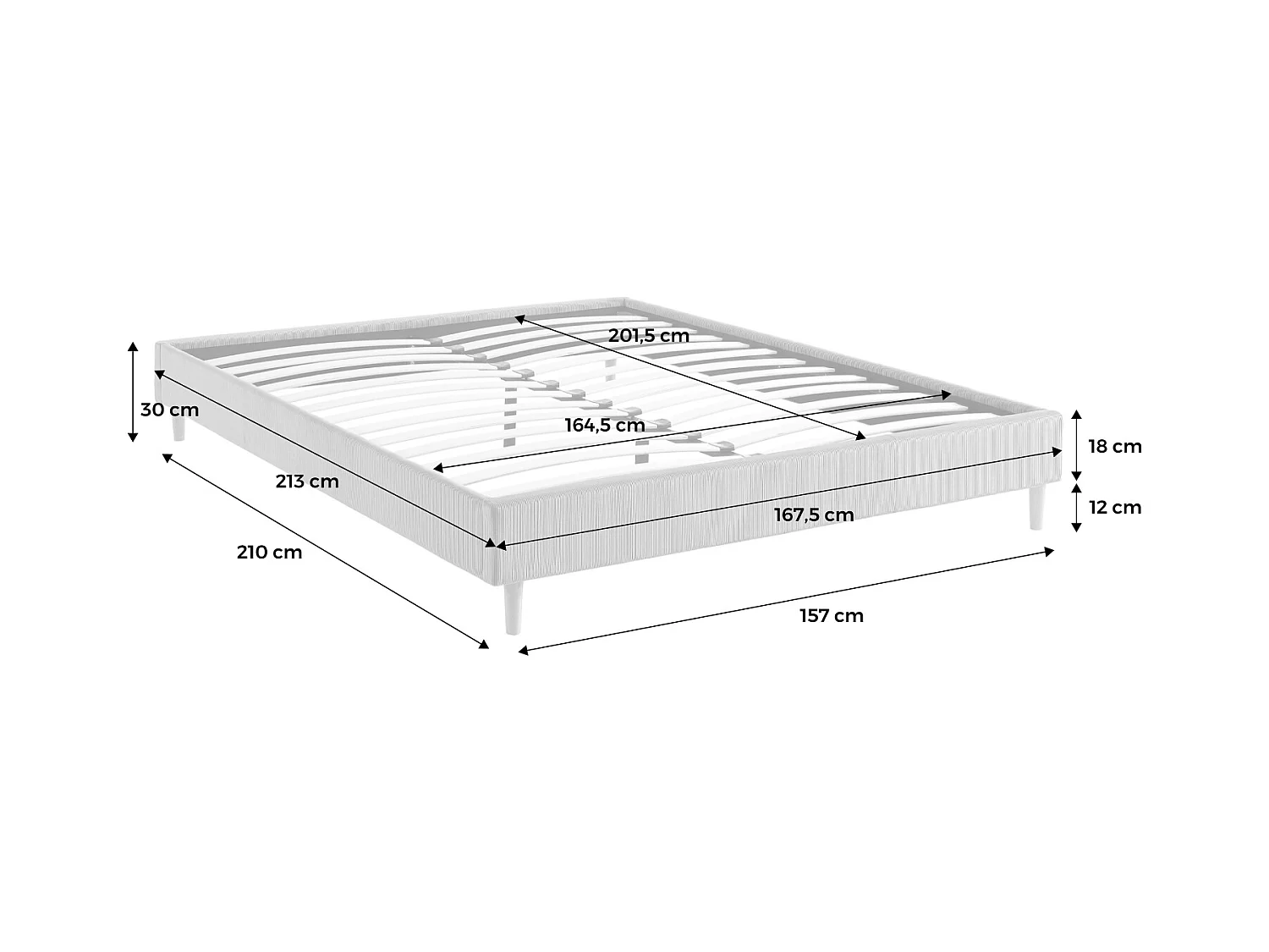 Struttura letto in velluto a coste fini con rete a doghe, 160cm,