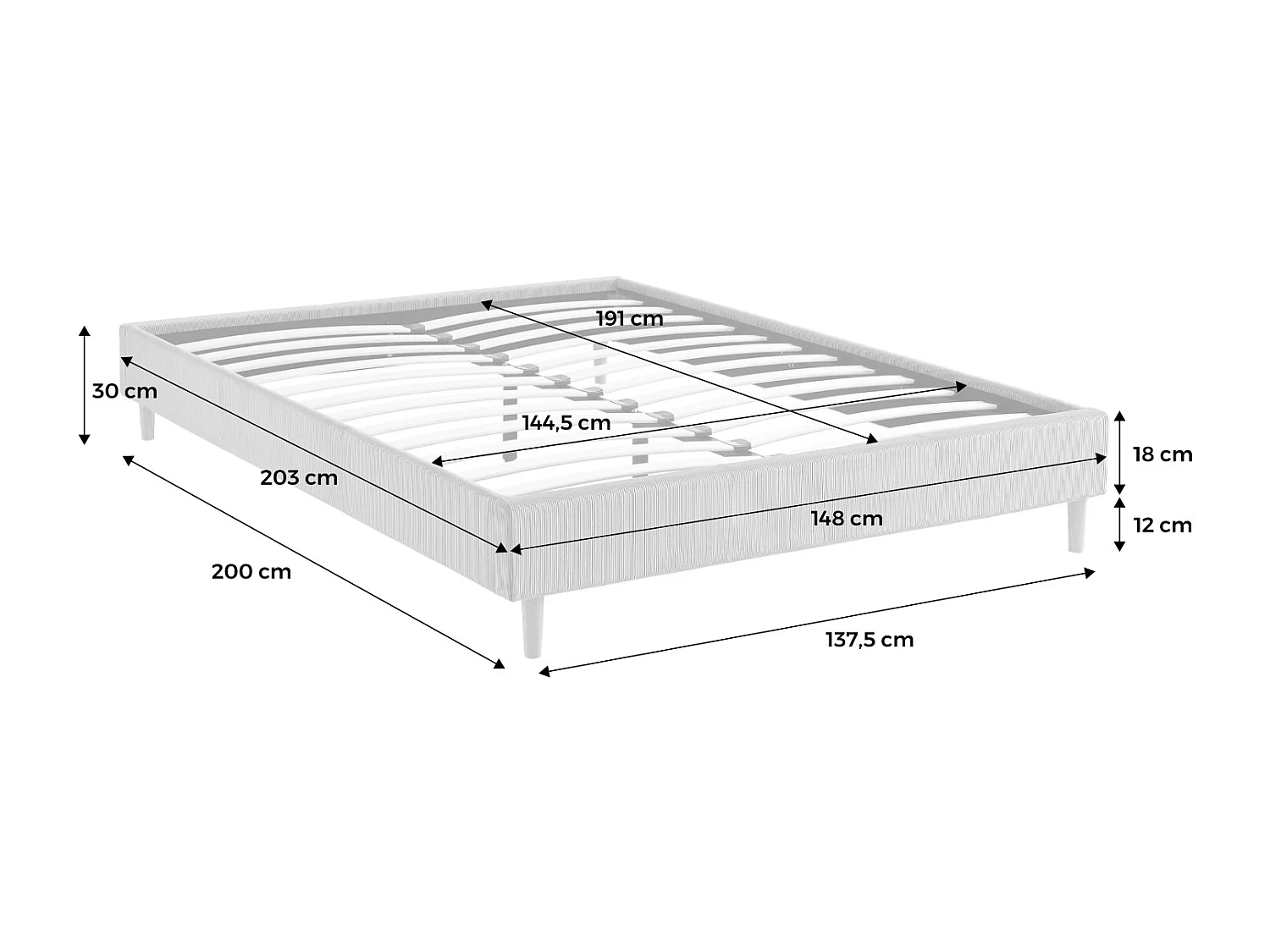 Cama con somier 140cm, acabado en pana fina blanco