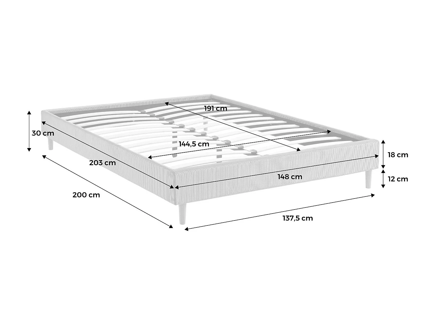 Struttura letto in velluto a coste fini con rete a doghe, 140cm,