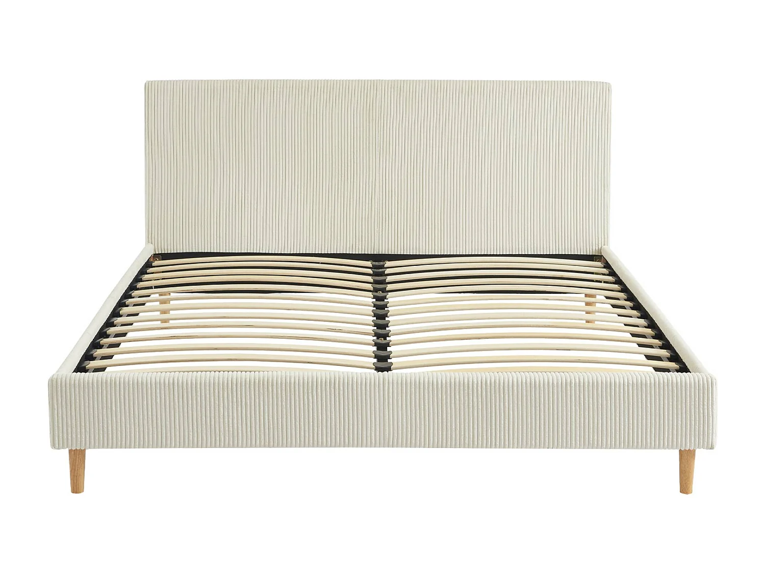 Lit avec sommier à lattes et tête de lit. L 211 x P 167.5 x H 89cm. blanc. finition velours côtelé (grosse côte)