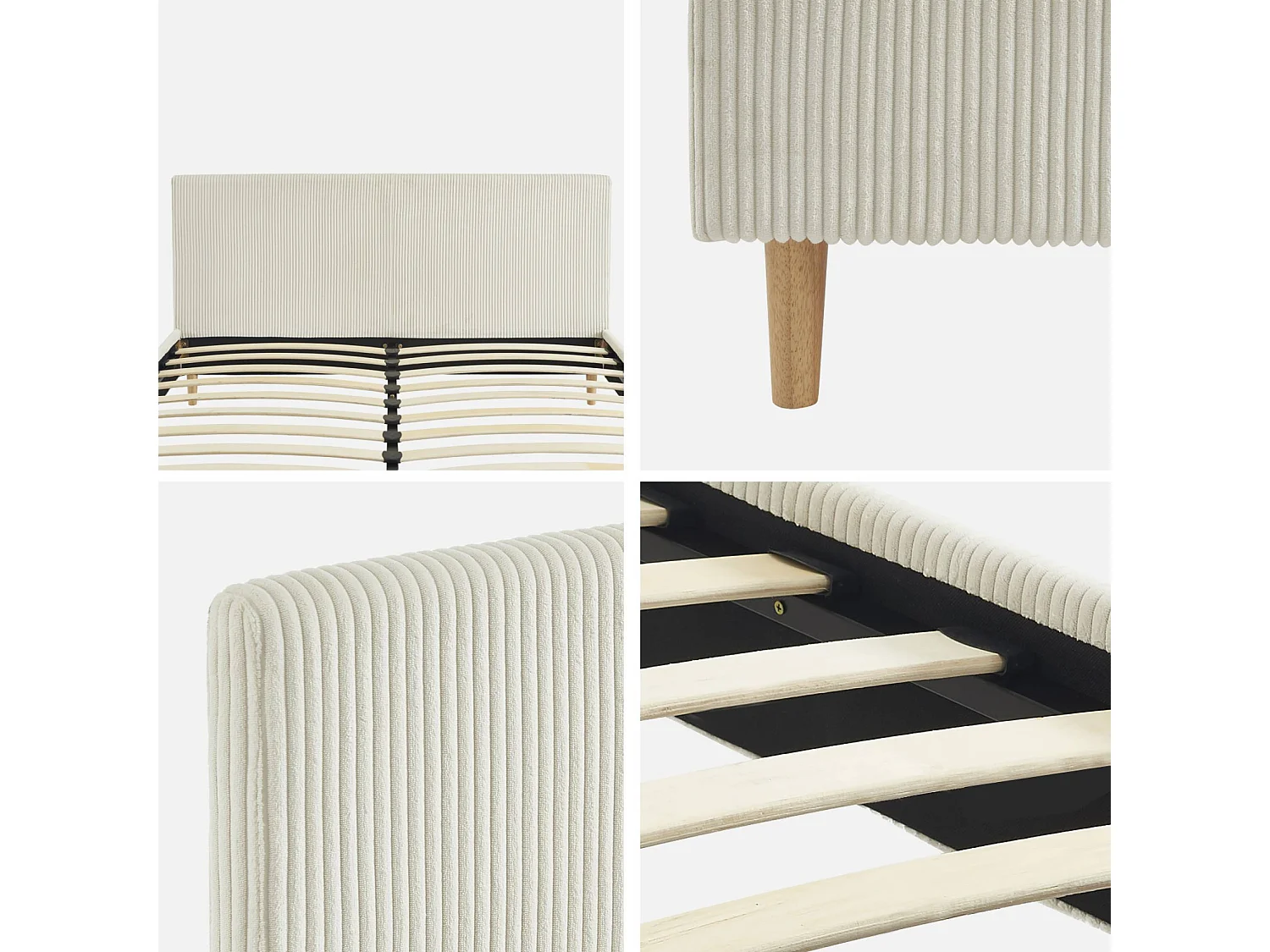 Lit avec sommier à lattes et tête de lit. L 211 x P 167.5 x H 89cm. blanc. finition velours côtelé (grosse côte)