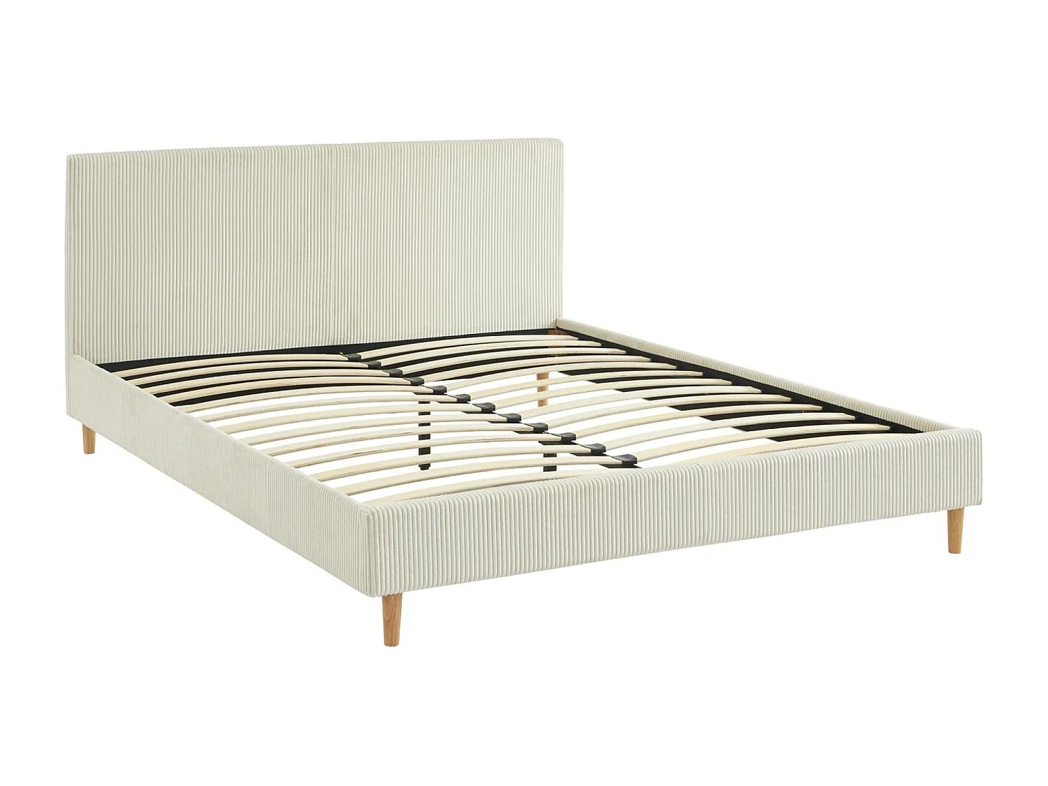 Lit avec sommier à lattes et tête de lit. L 211 x P 167.5 x H 89cm. blanc. finition velours côtelé (grosse côte)