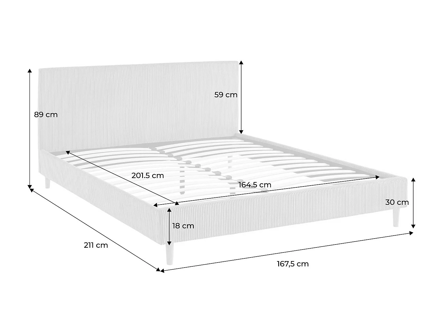 Lit avec sommier à lattes et tête de lit. L 211 x P 167.5 x H 89cm. blanc. finition velours côtelé (grosse côte)
