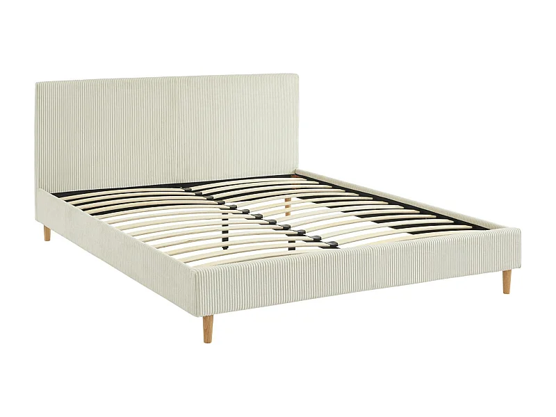 Lit avec sommier à lattes et tête de lit. L 211 x P 167.5 x H 89cm. blanc. finition velours côtelé (grosse côte)