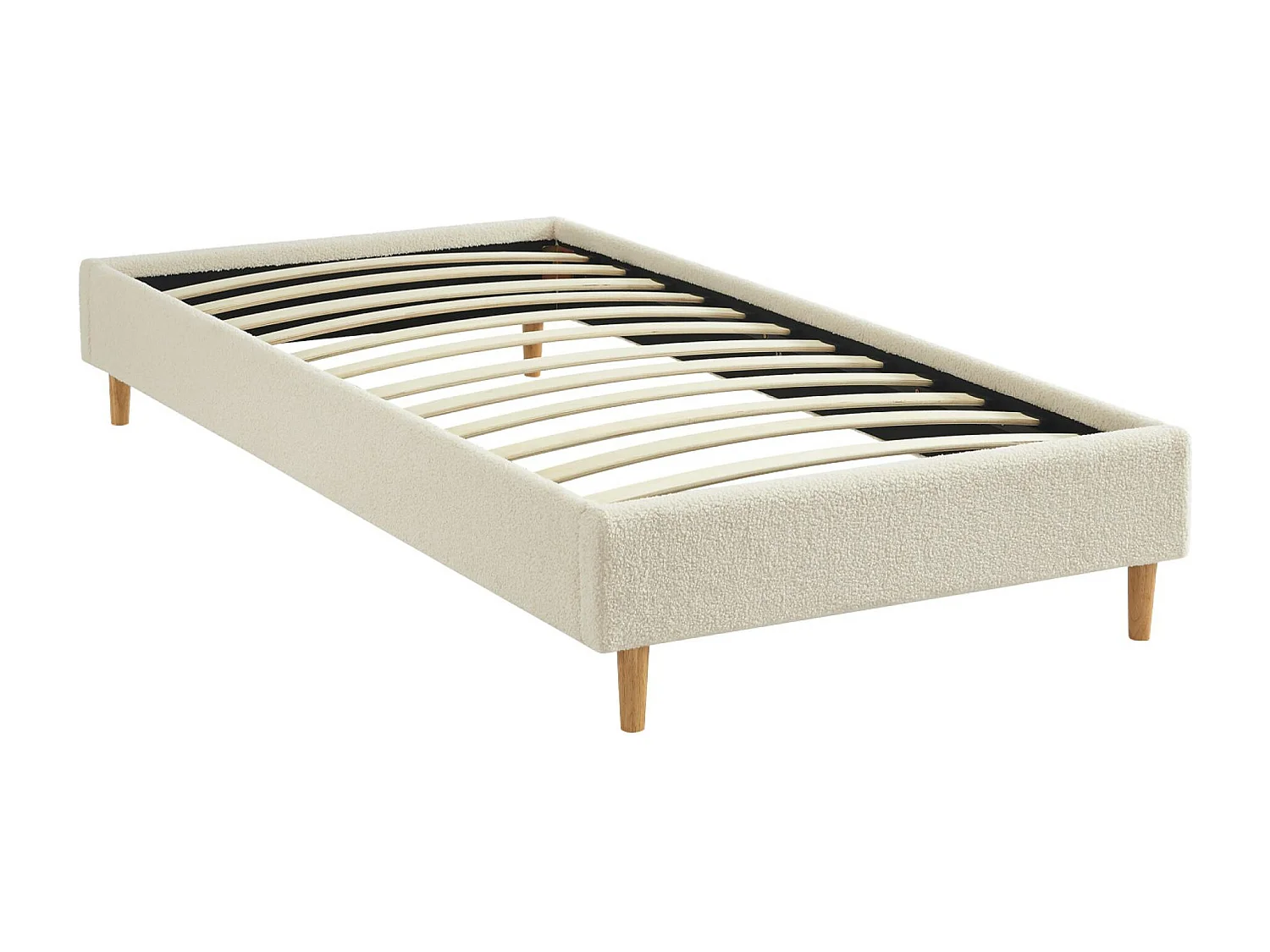Struttura letto con rete a doghe, finitura bouclé, bianco, bianco