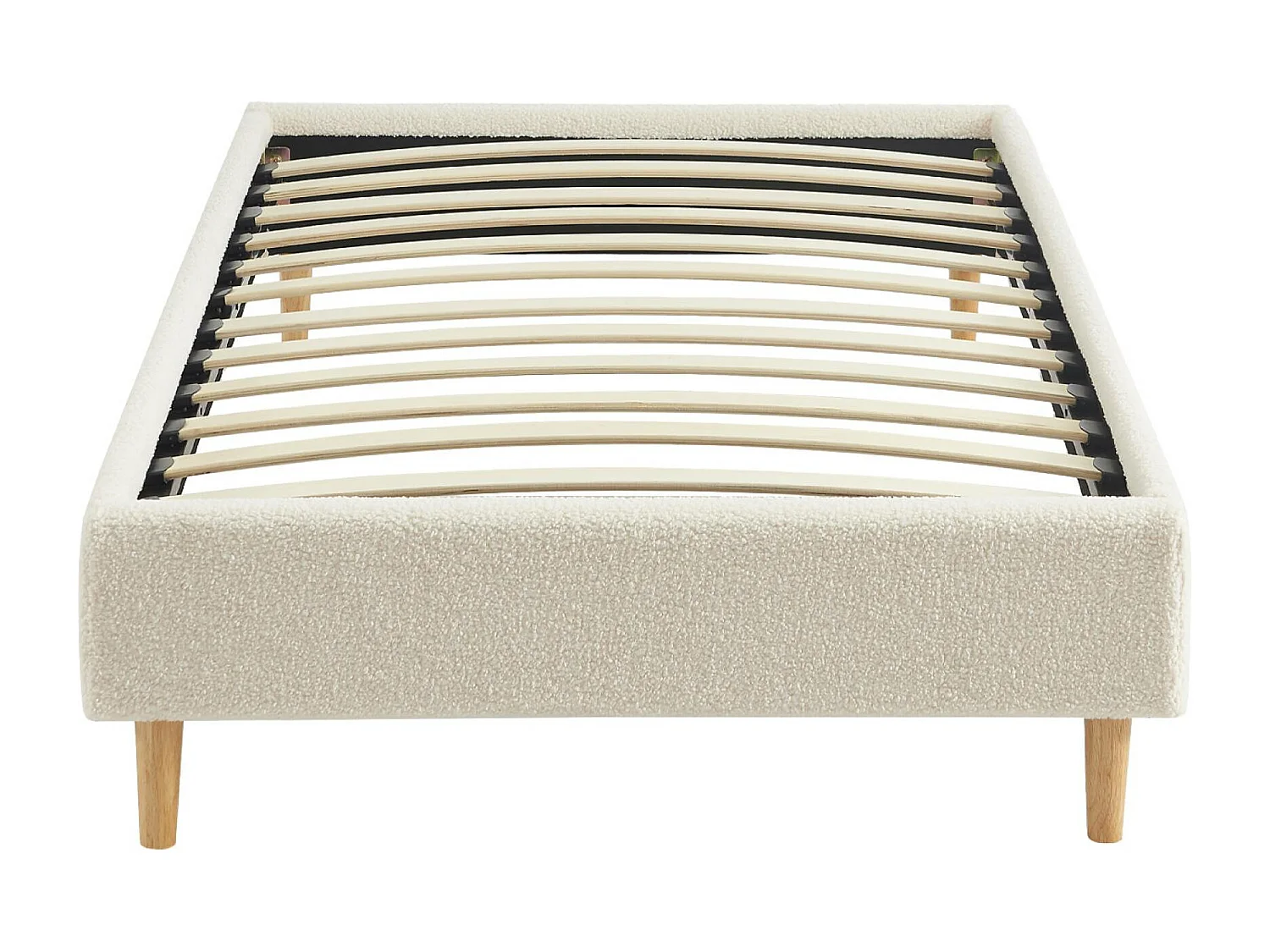 Struttura letto con rete a doghe, finitura bouclé, bianco, bianco