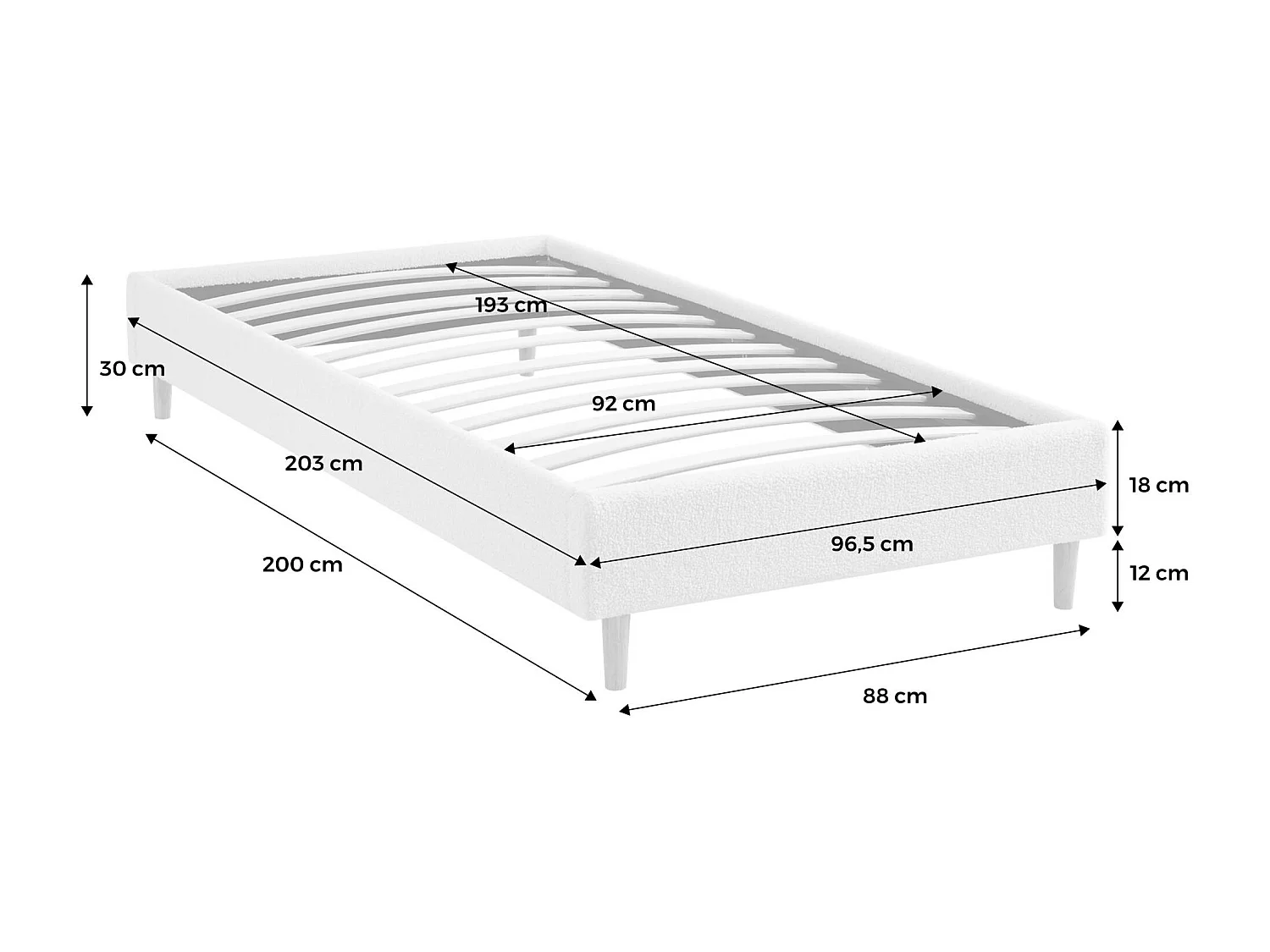 Struttura letto con rete a doghe, finitura bouclé, bianco, bianco
