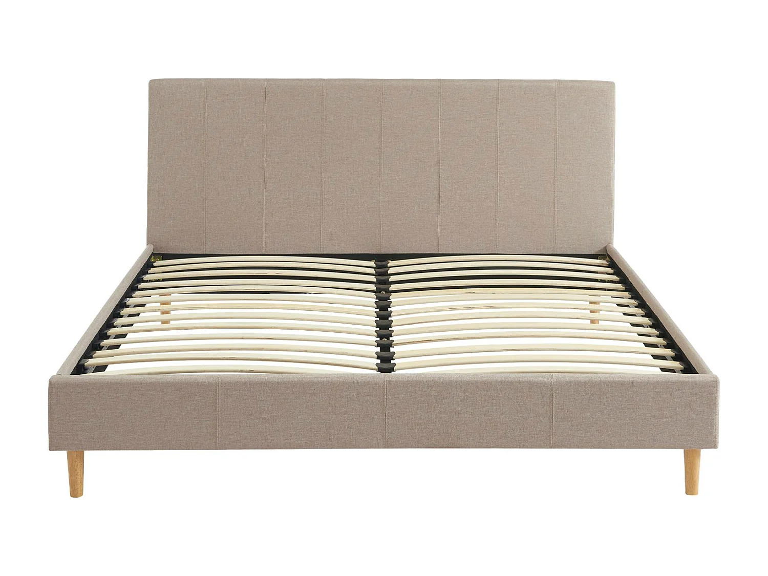 Lit avec sommier à lattes et tête de lit. finition tissu. beige L 211 x P 167.5 x H 89cm
