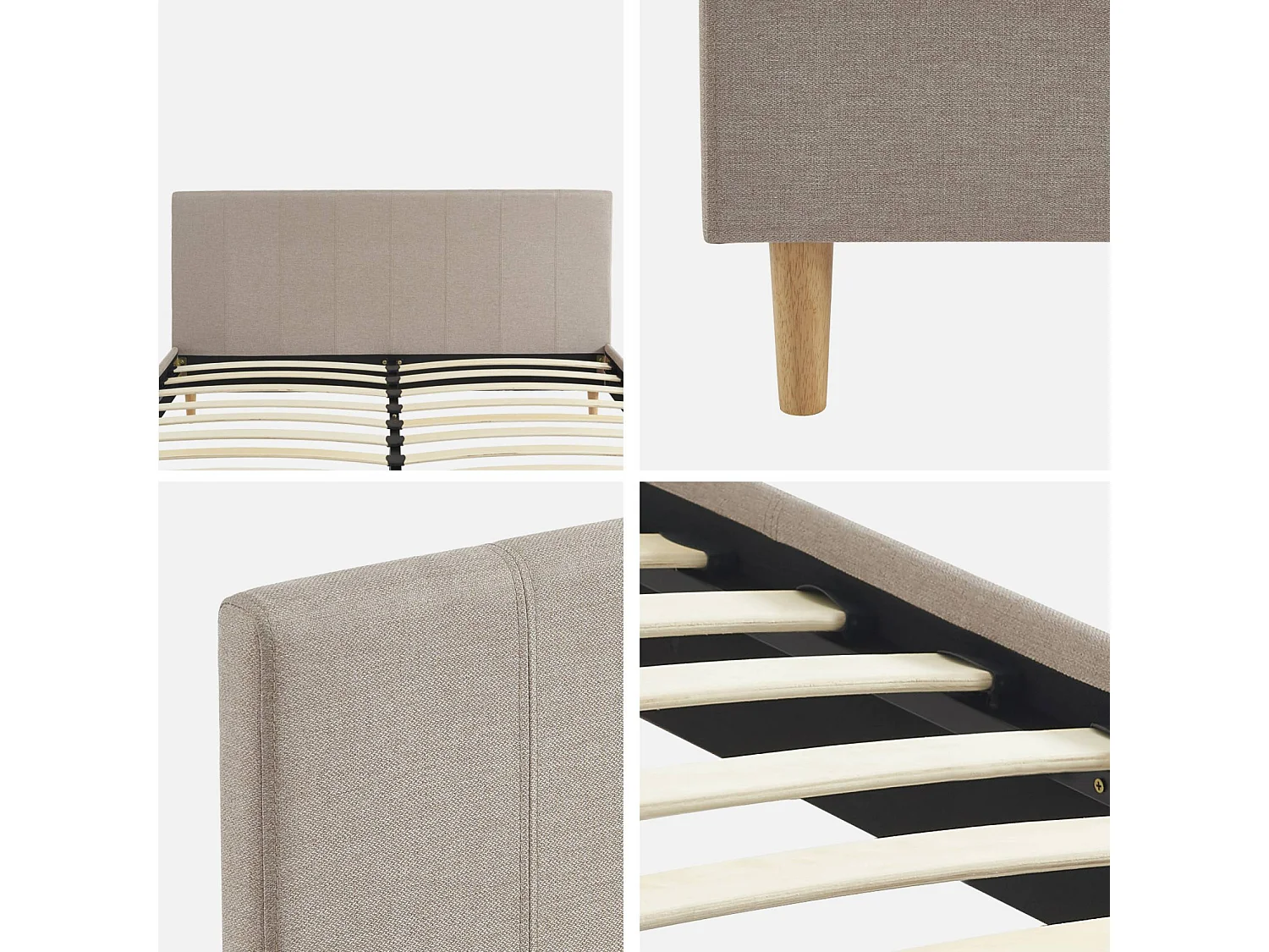 Lit avec sommier à lattes et tête de lit. finition tissu. beige L 211 x P 167.5 x H 89cm