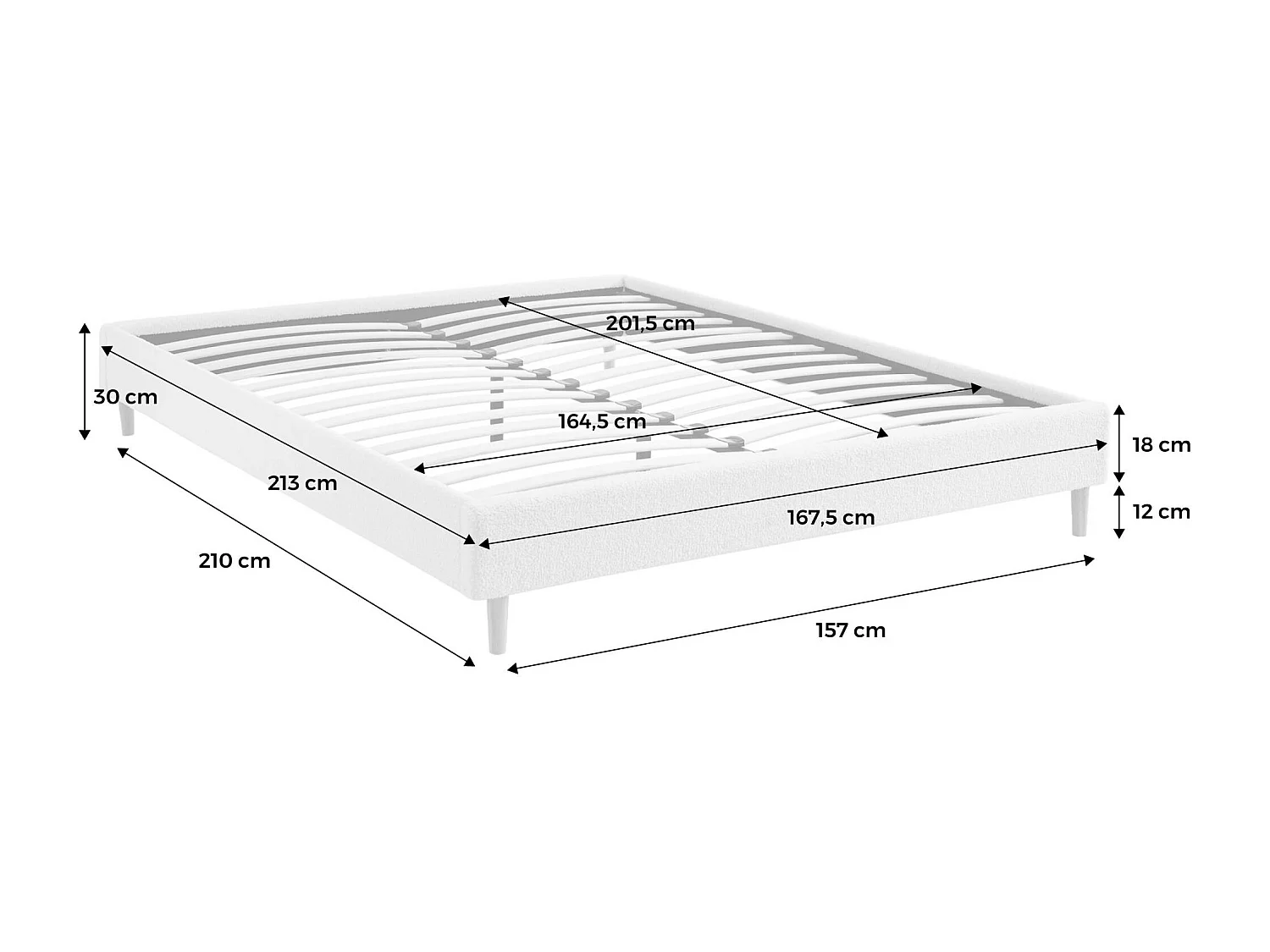 Struttura letto con rete a doghe, finitura bouclé, bianco, bianco