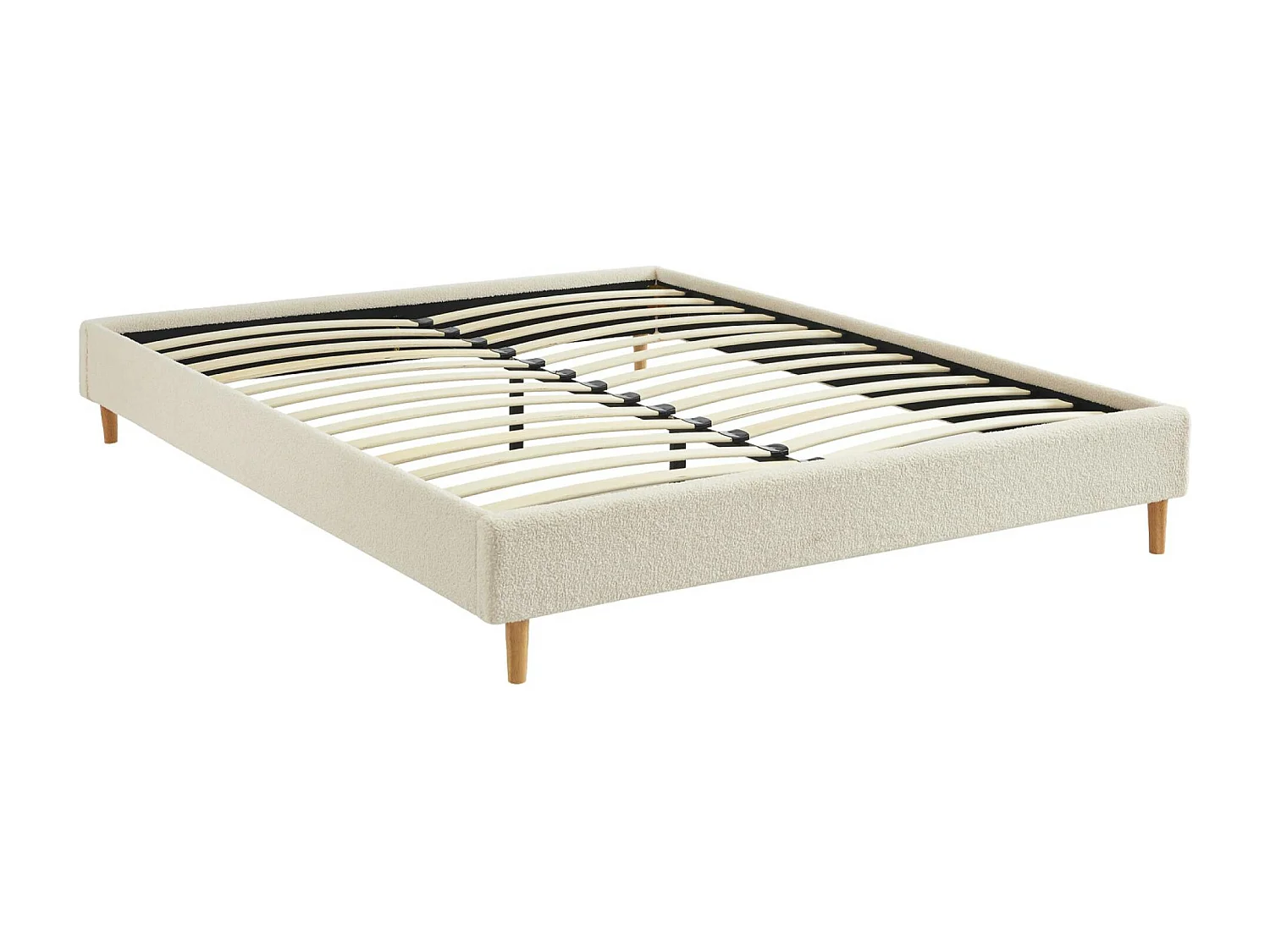 Struttura letto con rete a doghe, finitura bouclé, bianco, bianco