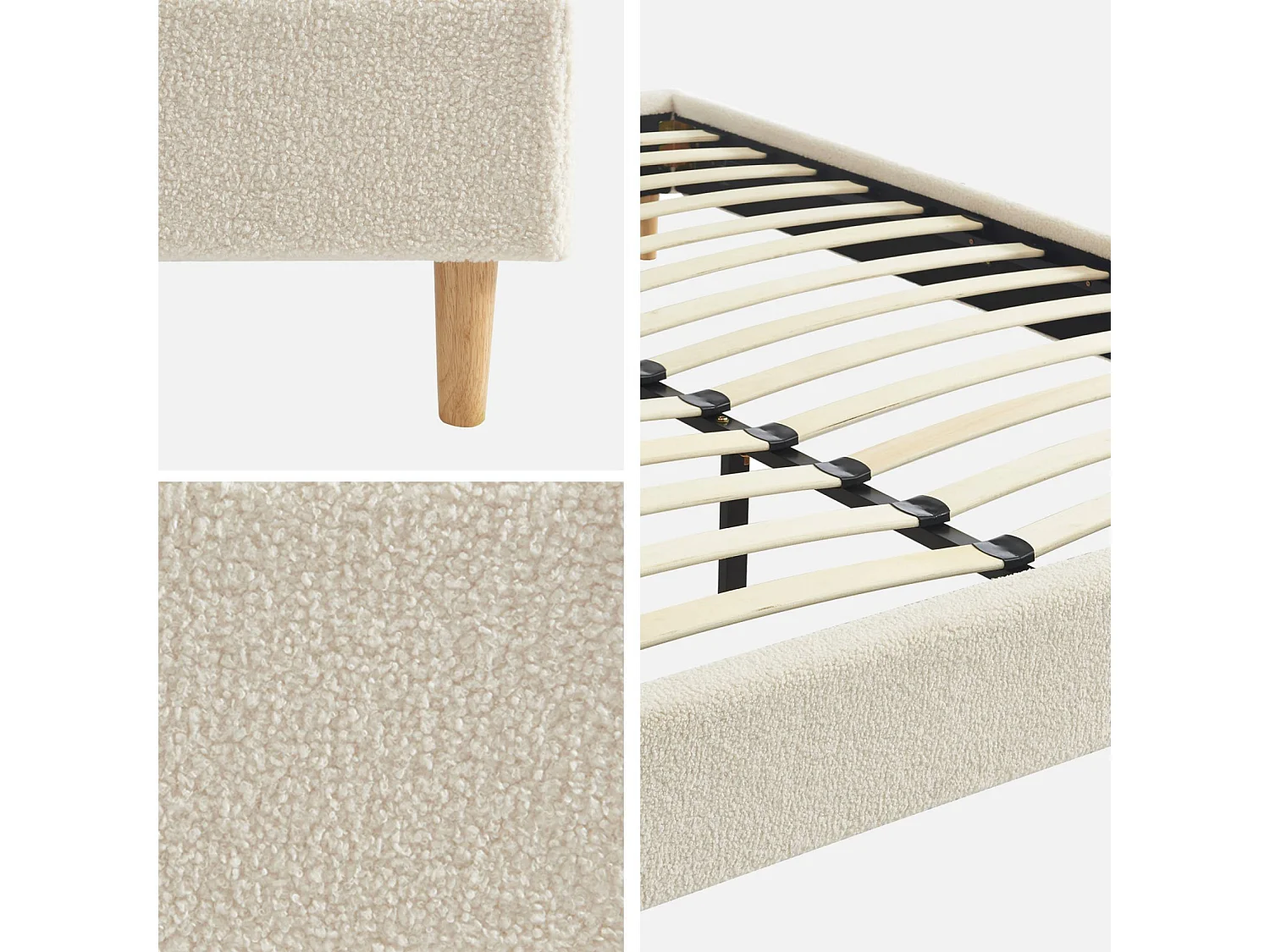 Struttura letto con rete a doghe, finitura bouclé, bianco, bianco