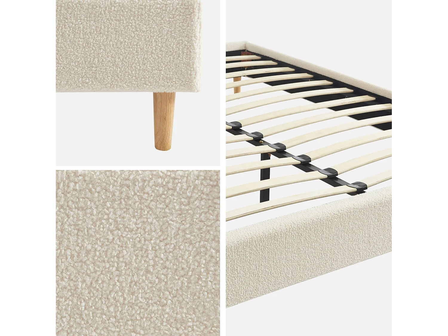 Struttura letto con rete a doghe, finitura bouclé, bianco, bianco