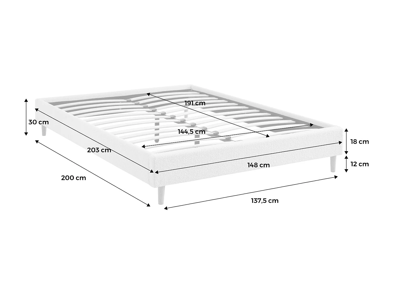 Struttura letto con rete a doghe, finitura bouclé, bianco, bianco
