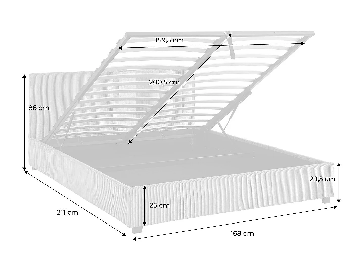 Cama con somier abatible y cabecero 160cm, acabado en pana fina blanco
