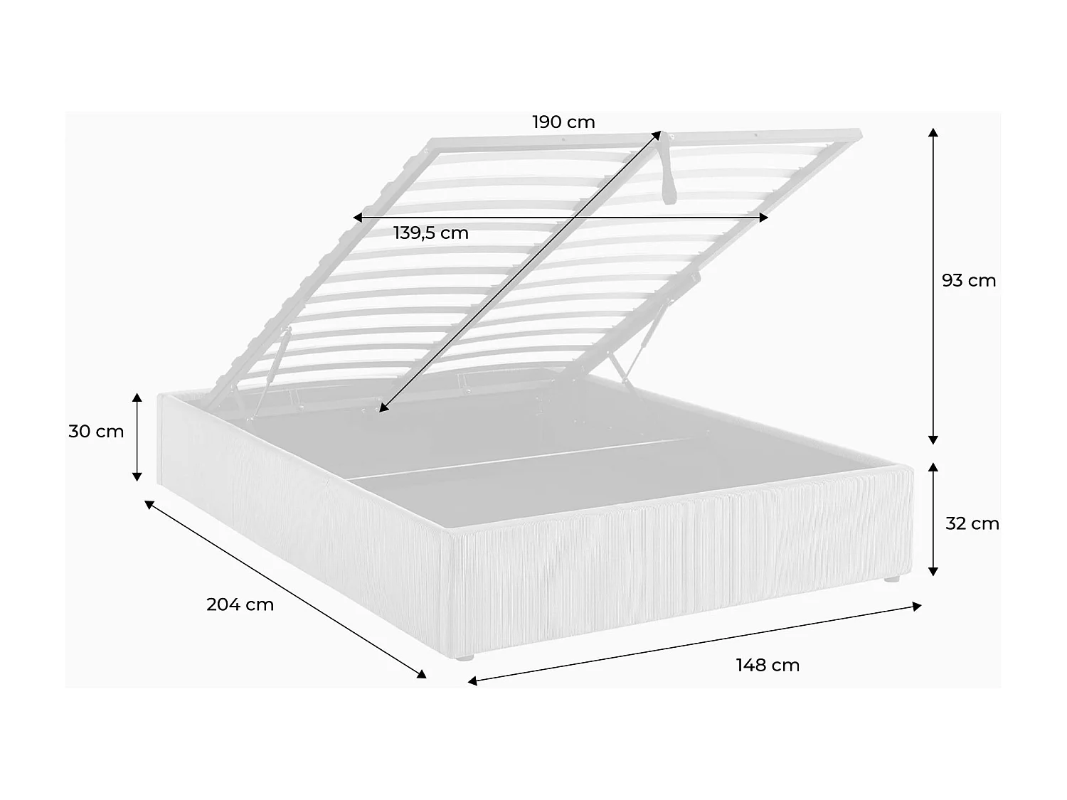 Cama con somier abatible y cabecero 140cm, acabado en pana fina gris