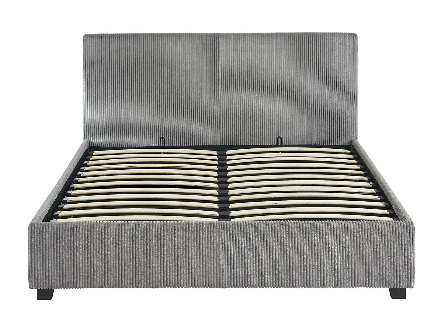 Lit coffre avec sommier à lattes et tête de lit. finition velours côtelé gris. L 202 x P 148 x H 86cm