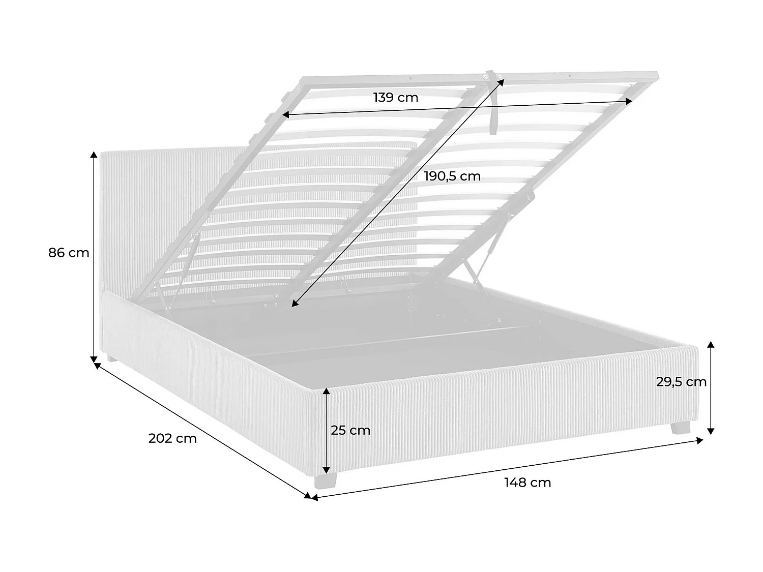 Cama con somier abatible y cabecero con acabado en pana gruesa, 140cm