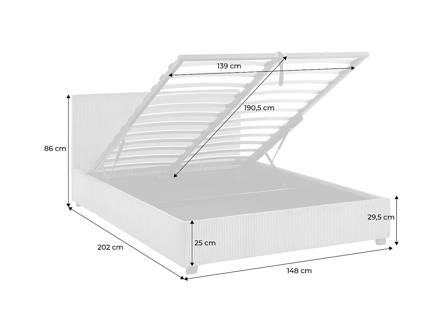 Letto a cassettone con rete a doghe 140cm, velluto a coste grosse,