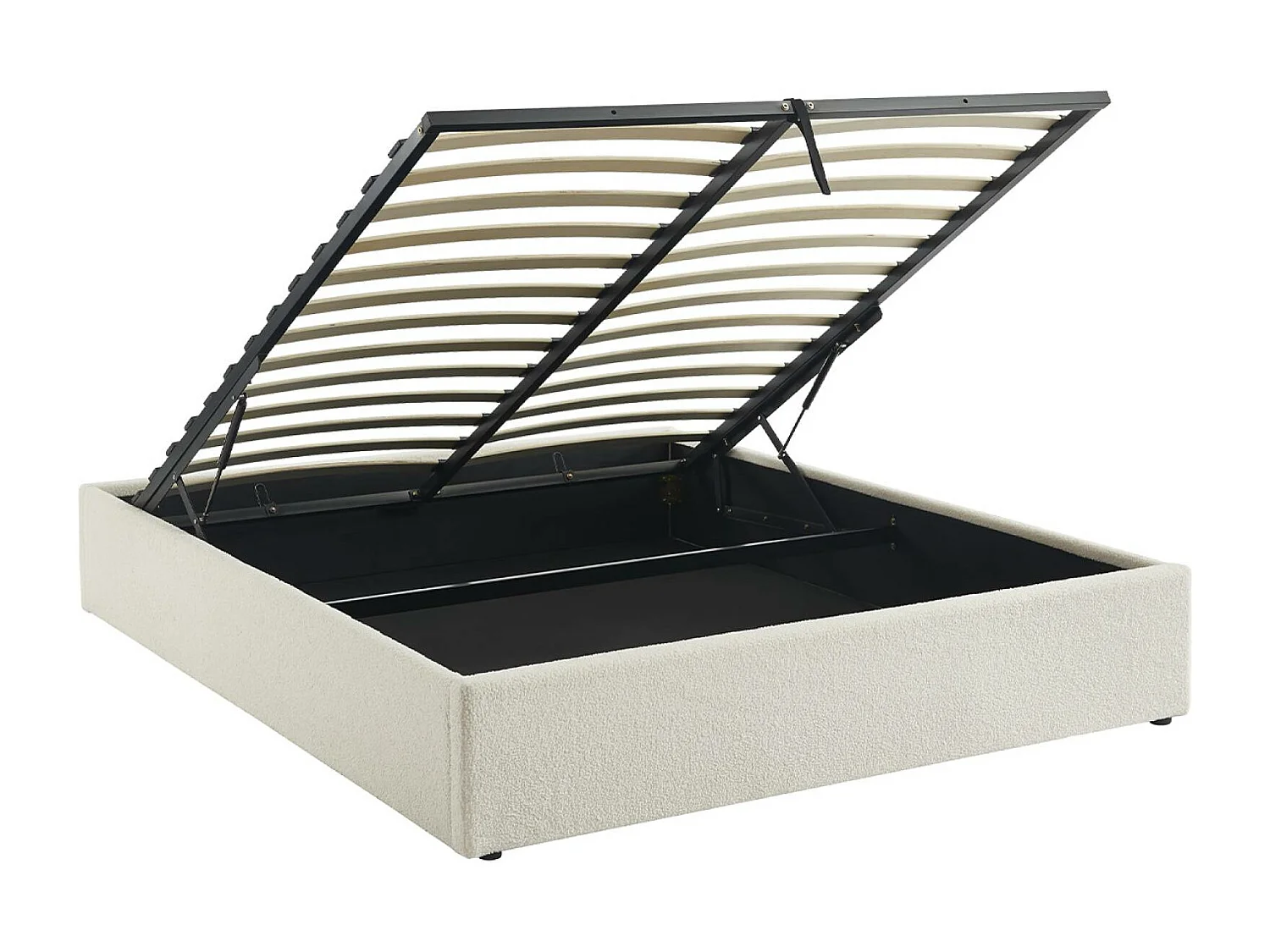 Lit coffre avec sommier à lattes. finition bouclette. blanc. L 213 x P 166.5 x H 32cm