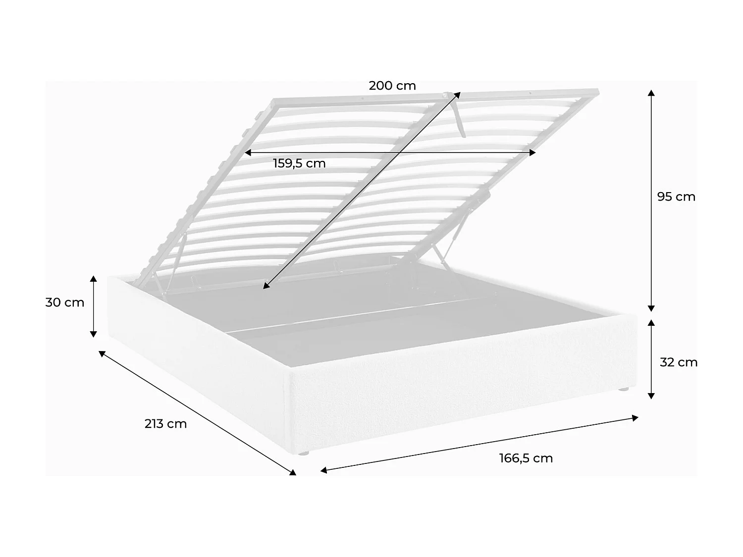 Lit coffre avec sommier à lattes. finition bouclette. blanc. L 213 x P 166.5 x H 32cm