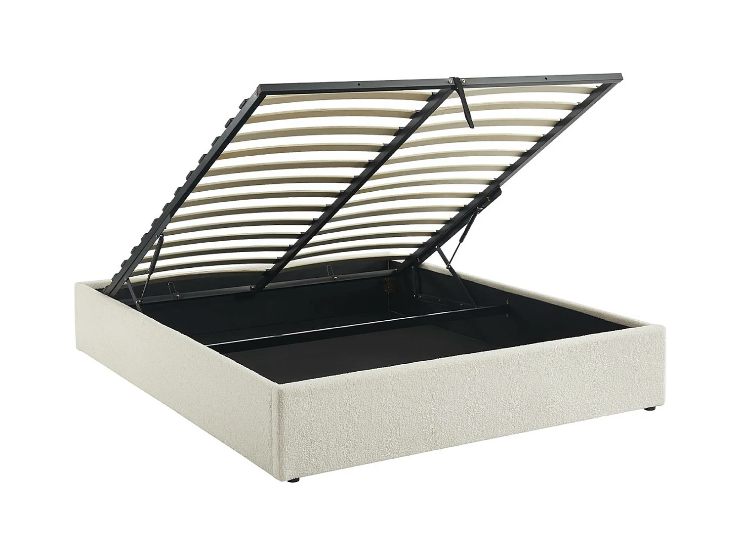 Lit coffre avec sommier à lattes. finition bouclette. blanc. L 213 x P 166.5 x H 32cm