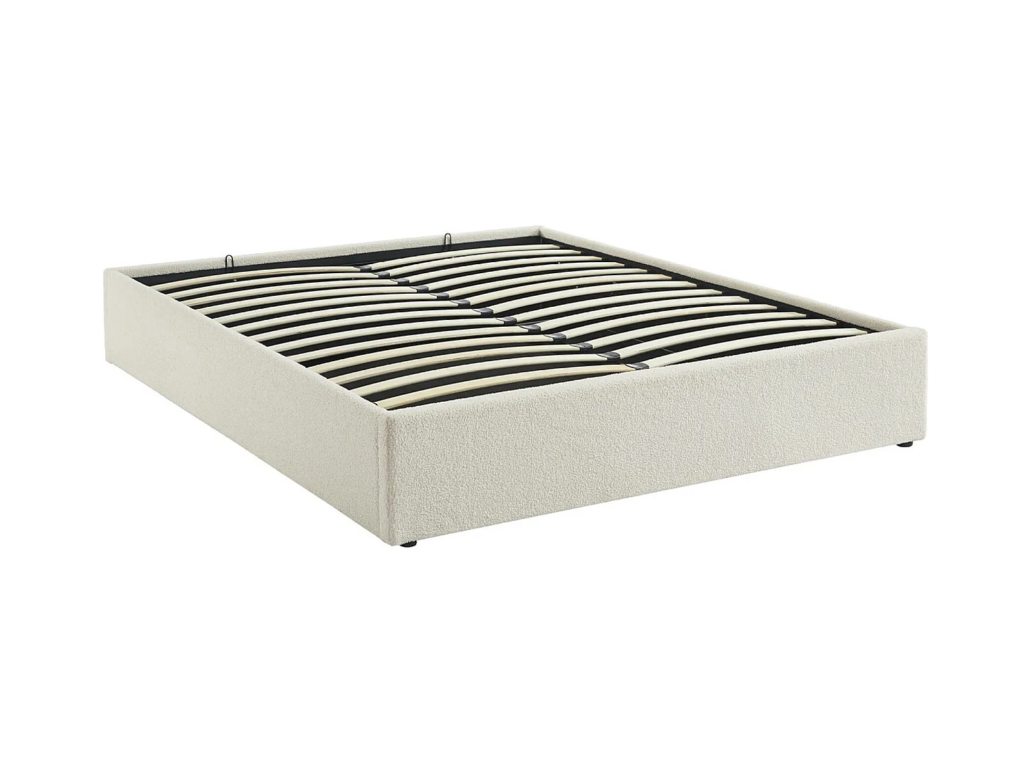 Struttura letto con contenitore e rete a doghe, imbottita bouclé