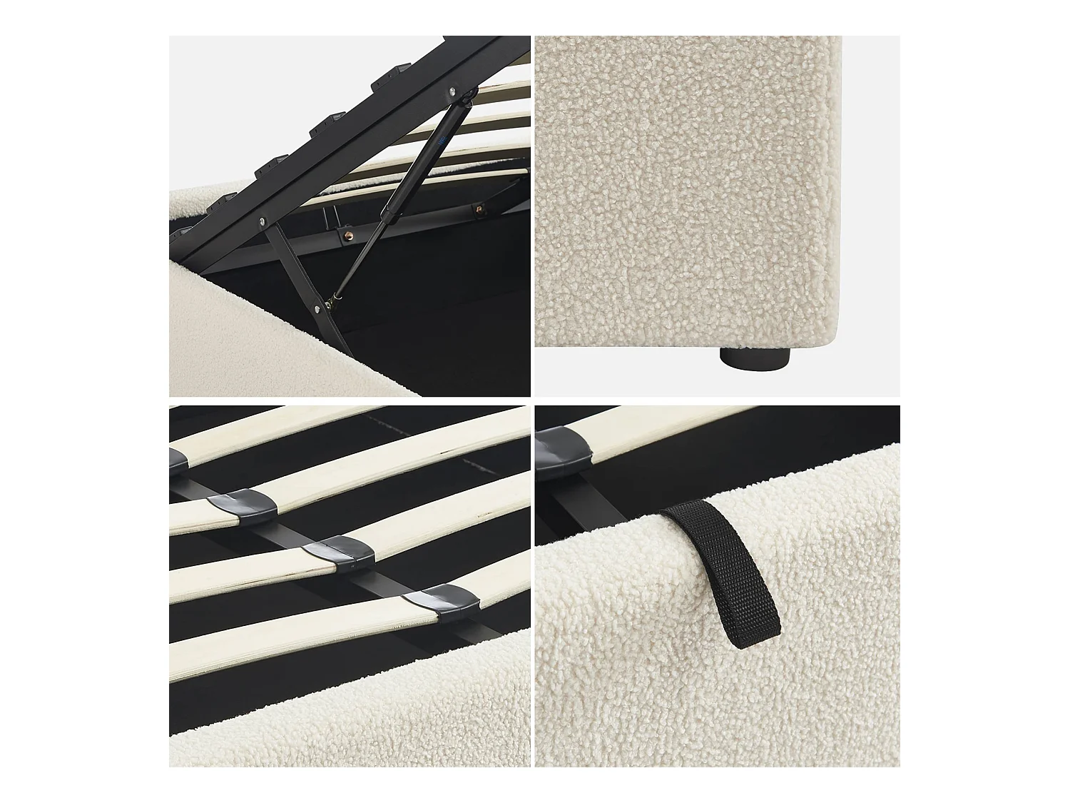 Struttura letto con contenitore e rete a doghe, imbottita bouclé